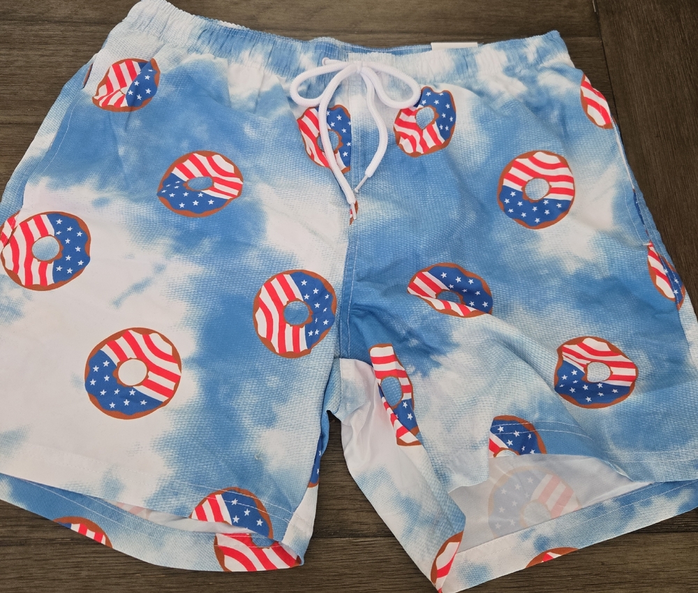 Blue and White Athletic Shorts with Donut Print